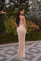 Sparkling Straps Sleeveless Mermaid Evening Dresses Column Pearls With Lace-Up Back