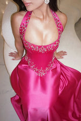 Gorgeous Fuchsia Halter Sleeveless Satin Evening Dresses A-Line Long With Gem