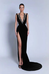 Luxury Black Halter Sleeveless V-Neck Mermaid Evening Dresses High Split Gem With Zipper