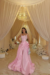 Sparkling Pink Sweetheart Straps Sleeveless Satin Evening Dresses High Split With Lace-Up Back