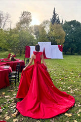 Exquisite Red Halter Sleeveless A-Line Satin Evening Dresses High Split With Pleats Zipper