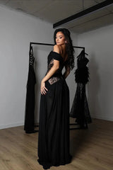 Exquisite Black Off-The-Shoulder Chiffon Lace Evening Dresses A-Line High Split With Lace-Up Back
