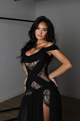 Exquisite Black Off-The-Shoulder Chiffon Lace Evening Dresses A-Line High Split With Lace-Up Back