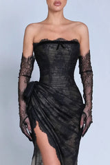 Romantic Black Strapless Mermaid Evening Dresses High Split With Lace-Up Back Gloves