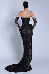 Romantic Black Strapless Mermaid Evening Dresses High Split With Lace-Up Back Gloves