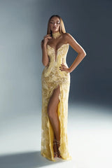 Glamorous Yellow V-Neck Strapless Sleeveless Evening Dresses Mermaid Column With High Split