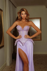 Dreamy Lilac Strapless Sleeveless V-Neck Evening Dresses Two Pieces With High Split