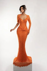Sparkling Orange V-Neck Halter One Shoulder Evening Dresses Mermaid Sheath With Beads
