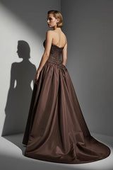 Luxury Brown Strapless Sleeveless Satin Evening Dresses A-Line Beads With Zipper Pleats