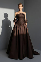 Luxury Brown Strapless Sleeveless Satin Evening Dresses A-Line Beads With Zipper Pleats