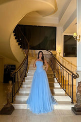 Dreamy Blue Strapless Sleeveless Tulle Evening Dresses A-Line Long With Beads Pleats