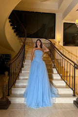 Dreamy Blue Strapless Sleeveless Tulle Evening Dresses A-Line Long With Beads Pleats
