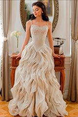 Luxury Sweetheart Spaghetti-Straps Sleeveless Organza Evening Dresses A-Line With Lace-Up Back