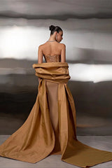 Romantic Gold Sweetheart Strapless Sleeveless Satin Evening Dresses Mermaid Beads