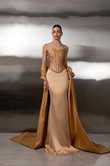 Romantic Gold Sweetheart Strapless Sleeveless Satin Evening Dresses Mermaid Beads