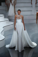 Classy White Halter Sleeveless Satin Mermaid Evening Dresses Column Gem With Train