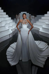 Classy White Halter Sleeveless Satin Mermaid Evening Dresses Column Gem With Train
