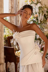 Dreamy White Strapless Sleeveless Chiffon Evening Dresses A-Line Lace-Up Back With Flower