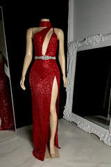 Glamorous Burgundy One Shoulder Sleeveless Sequins Wedding Dresses Mermaid Sheath With Zipper