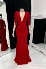 Classic Red V-Neck Short Sleeves Satin Wedding Dresses Mermaid Tassel With Zipper