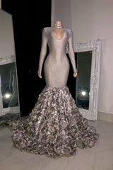 Dazzling Silver V-Neck Long Sleeves Mermaid Wedding Dresses Column Gem With Flower