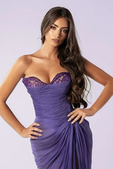 Dreamy Purple Sweetheart Strapless Sleeveless Chiffon Wedding Dresses High Split With Beads