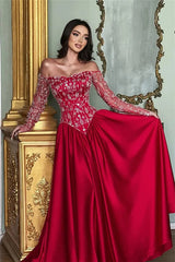 Romantic Red Off-The-Shoulder Long Sleeves Satin Wedding Dresses A-Line Beads With Pleats