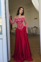 Romantic Red Off-The-Shoulder Long Sleeves Satin Wedding Dresses A-Line Beads With Pleats