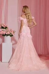Pretty Pink Off-The-Shoulder Tulle Wedding Dresses Sheath With Feather Pleats