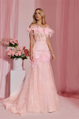 Pretty Pink Off-The-Shoulder Tulle Wedding Dresses Sheath With Feather Pleats