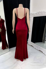 Classic Burgundy Spaghetti-Straps V-Neck Sleeveless Satin Wedding Dresses Mermaid Backless With Ruffles Zipper