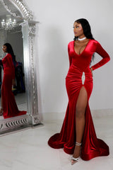 Beautiful Red V-Neck Long Sleeves Mermaid Wedding Dresses Column With High Split Pleats