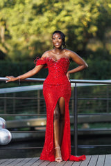 Dazzling Red Sweetheart One Shoulder Mermaid Wedding Dresses High Split With Beads