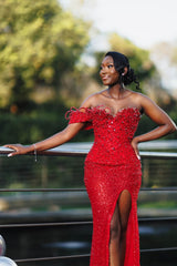Dazzling Red Sweetheart One Shoulder Mermaid Wedding Dresses High Split With Beads