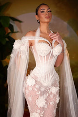 Classic White Halter Off-The-Shoulder Tulle Wedding Dresses Mermaid Pearl With Ruffles Flower