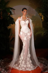Classic White Halter Off-The-Shoulder Tulle Wedding Dresses Mermaid Pearl With Ruffles Flower