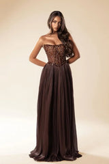 Glamorous Brown Strapless Sleeveless A-Line Wedding Dresses Gem Long With Pleats