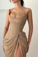 Dreamy Strapless Sleeveless Mermaid Wedding Dresses High Split Sheath With Pleats