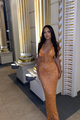 Classic Orange Halter V-Neck Sleeveless Sequins Wedding Dresses Mermaid Column On Sale