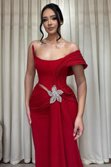 Luxury Red One Shoulder Satin Mermaid Wedding Dresses Sheath With Pleats Ruffles