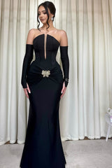 Glamorous Black Strapless Satin Mermaid Wedding Dresses Sheath Detachable Sleeves With Pleats
