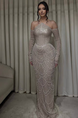 Dazzling Off-The-Shoulder Long Sleeves Mermaid Wedding Dresses Beads With Pearls