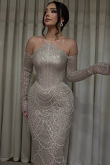 Dazzling Off-The-Shoulder Long Sleeves Mermaid Wedding Dresses Beads With Pearls