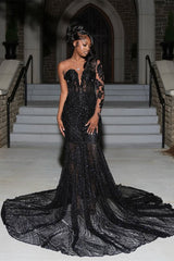 Dazzling Black V-Neck One Shoulder Long Sleeves Wedding Dresses Gem Beads With Zipper Lace-Up Back