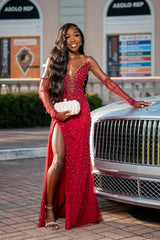 Vintage Red V-Neck Strapless Mermaid Wedding Dresses Detachable Sleeves Pearls With Side Split