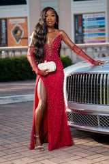 Vintage Red V-Neck Strapless Mermaid Wedding Dresses Detachable Sleeves Pearls With Side Split