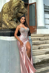 Glamorous Pink V-Neck Spaghetti-Straps Sleeveless Satin Wedding Dresses Mermaid Gem With High Split