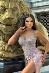 Glamorous Pink V-Neck Spaghetti-Straps Sleeveless Satin Wedding Dresses Mermaid Gem With High Split