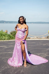 Dazzling Lilac Sweetheart Strapless Sleeveless Sequins Wedding Dresses Mermaid Beads With High Split