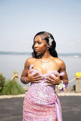 Dazzling Lilac Sweetheart Strapless Sleeveless Sequins Wedding Dresses Mermaid Beads With High Split